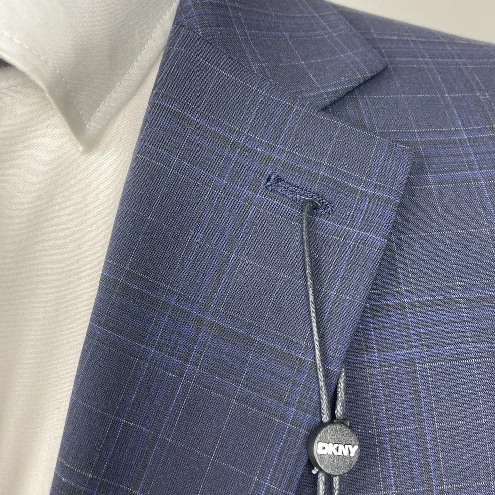 DKNY Mens Modern‎ fit 2-pc Suit Jacket 40L Navy Blue Solid Plaid Pants 35W 33L
